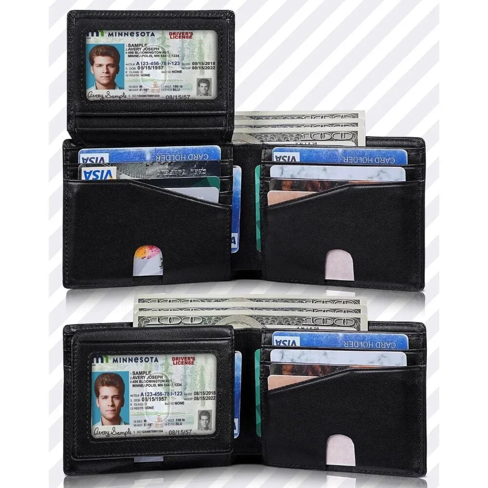 Men's Classic Bifold Wallet Card Black Style Genuine Leather 2 Cash Pockets